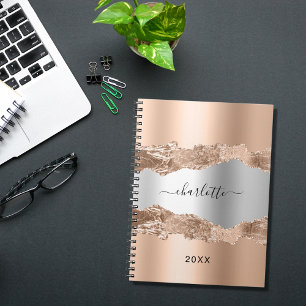 Carnet Rose or argent agate marbre nom script