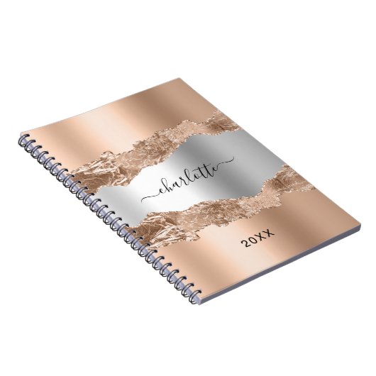 Carnet Rose or argent agate marbre nom script (Côté Droit)