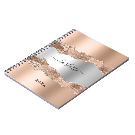 Carnet Rose or argent agate marbre nom script (Côté gauche)