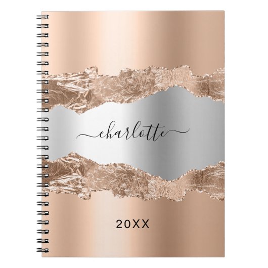 Carnet Rose or argent agate marbre nom script (Devant)