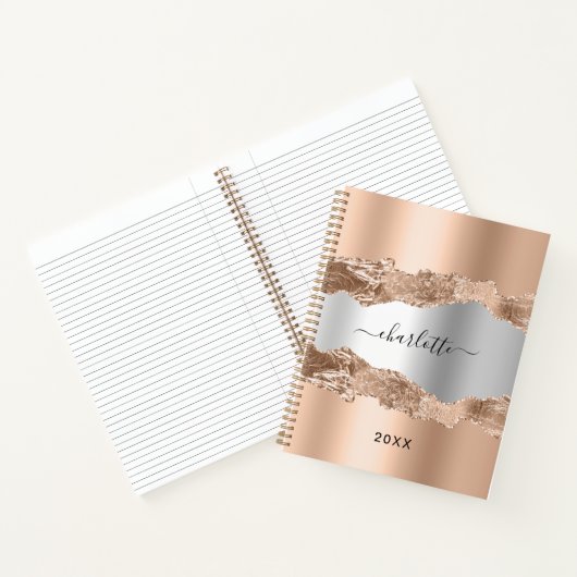 Carnet Rose or argent métal agate marbre nom script (Intérieur)