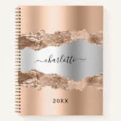Carnet Rose or argent métal agate marbre nom script (Devant)