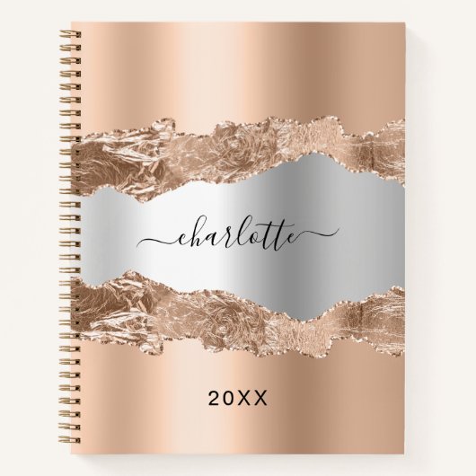 Carnet Rose or argent métal agate marbre nom script (Devant)