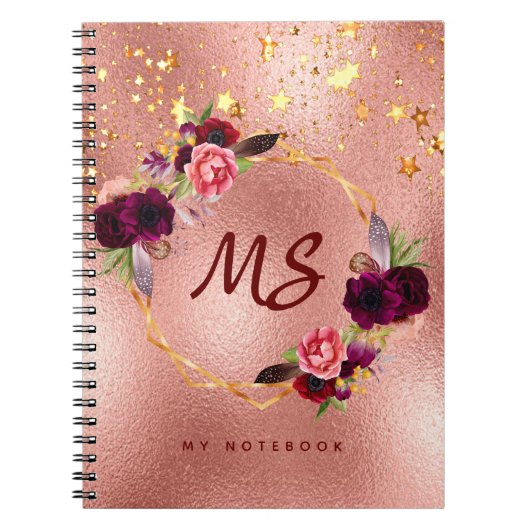 Carnet Rose or fleurs bordeaux étoiles monogramme (Devant)