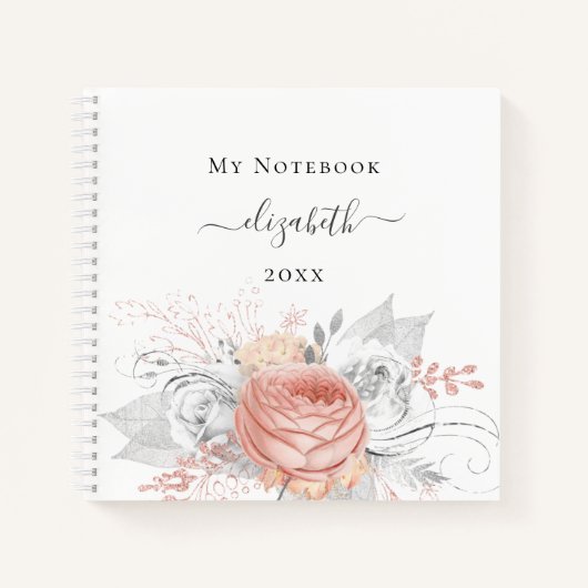Carnet Rose or floral argent blanc nom personnalisé (Devant)