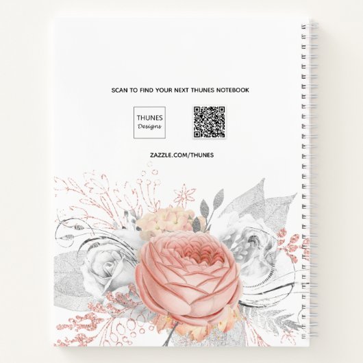 Carnet Rose or floral argent feuille nom script (Dos)