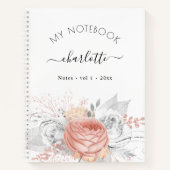 Carnet Rose or floral argent feuille nom script (Devant)