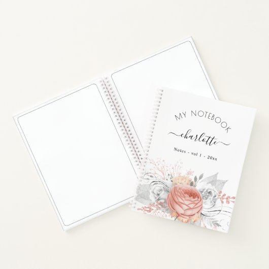Carnet Rose or floral argent feuille nom script (Intérieur)