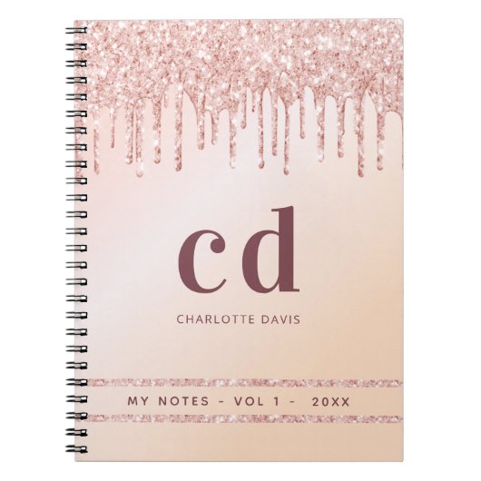 Carnet Rose or rousse gouttes rose monogramme moderne (Devant)