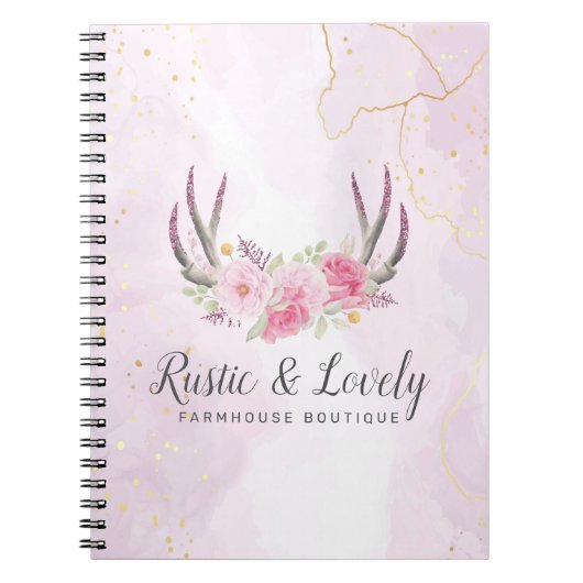 Carnet Rose Pâle Marbre Doré Fleurs Rustiques Bois de Cer (Devant)