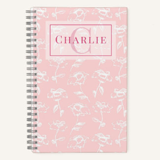 Carnet Rose Poussiéreuse Fleurs Blanches, Monogramme Pers