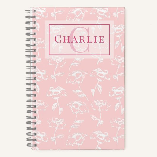 Carnet Rose Poussiéreuse Fleurs Blanches, Monogramme Pers (Recto)