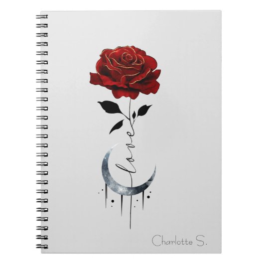 Carnet Rose rouge de style tatouage et lune de croissant (Devant)