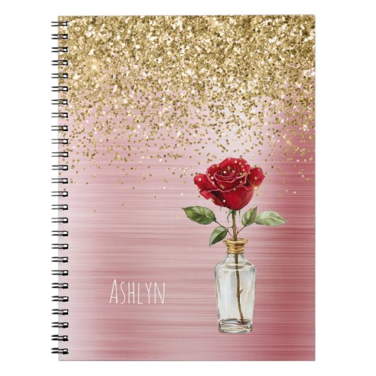 Carnet Rose rouge pailletée or (Devant)