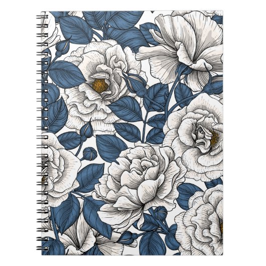 Carnet Roses blanches avec feuilles bleus sur blanc (Devant)