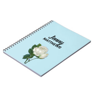Carnet Roses blanches vintages nom personnalisé sur bleu