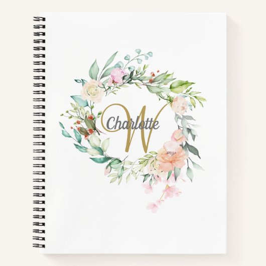 Carnet Roses Floral Or Monogramme Féminin Script (Devant)