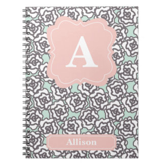 Carnet Roses gris et monogramme rose