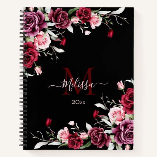 Carnet Roses Monogramme Aquarelle Noir (Devant)