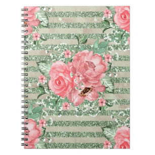 Carnet Roses roses roses aquarelles sur rayures vertes pa