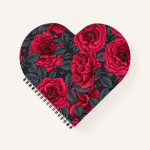 Carnet Roses rouges avec feuilles gris sur noir