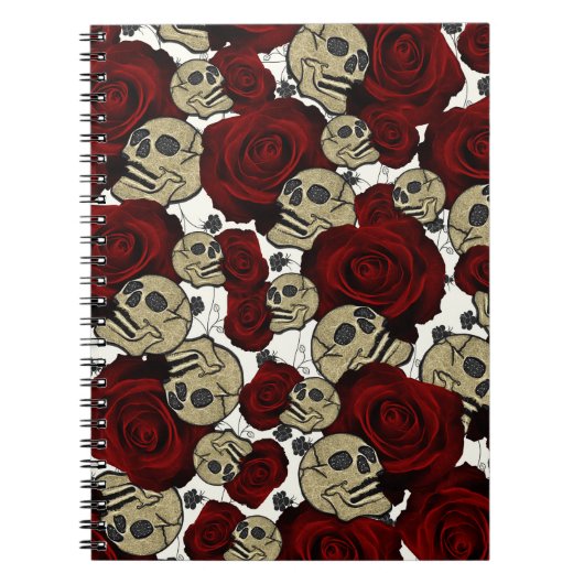 Carnet Roses Rouges & Crânes Floral Noir Gothique Blanc (Devant)
