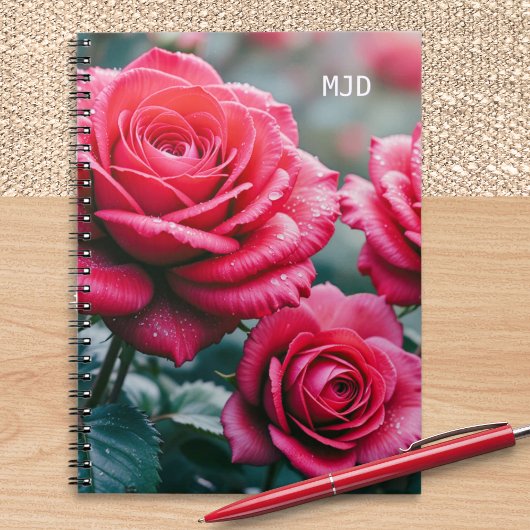 Carnet Roses rouges Élégant Monogramme Floral Lié Spiral