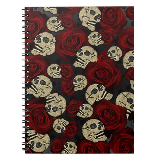 Carnet Roses rouges et crânes gris noir floral gothique (Devant)