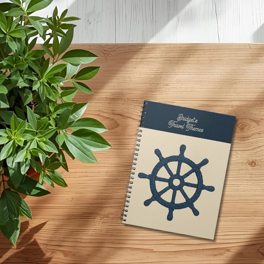 Carnet roue de navire de marine avec nom beige Voyage côt