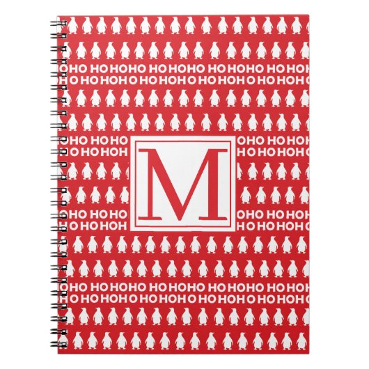 Carnet Rouge Blanc Penguins de Noël HOHOHOHO Monogramme (Devant)