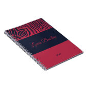 Carnet Rouge & Marine Blue Floral Zebra Linocut Nom et an (Côté Droit)