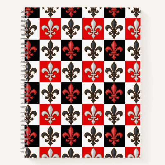 Carnet Rouge Noir Blanc À damiers Fleur de lis Design (Devant)