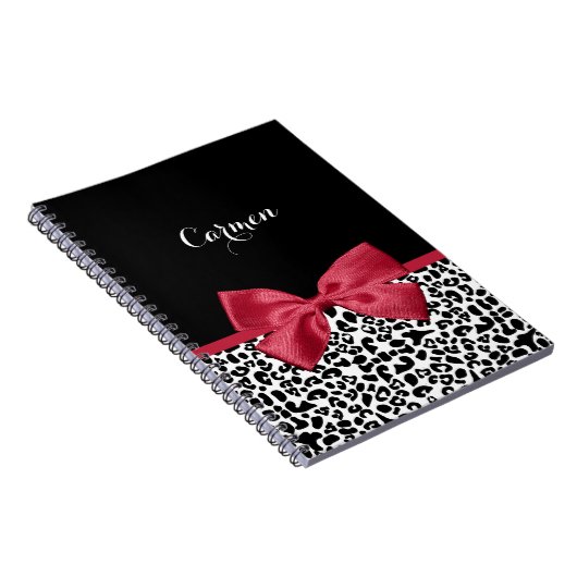 Carnet Ruban rouge vif Empreinte de léopard avec nom (Côté Droit)