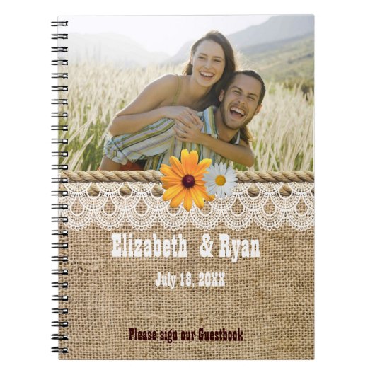 Carnet Rustic Burlap, dentelle et corde, Invité Mariage C (Devant)