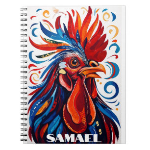 Carnet Rustic Country Folk Rooster Poulet Rouge Bleu Nom