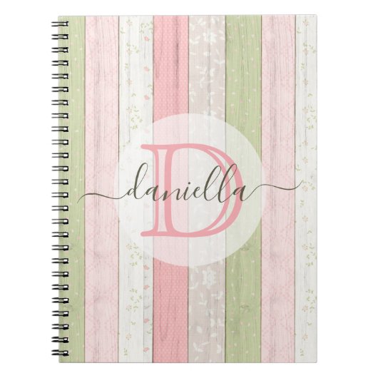 Carnet Rustic Sage Green & Pink Floral Wood Personalized (Devant)