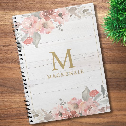 Carnet Rustic Wood Pink Floral Watercolor Monogram