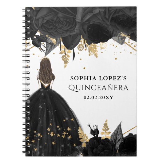Carnet Rustique Black Gold Floral Princesse Quinceanera (Devant)