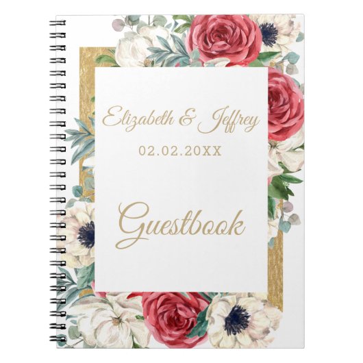Carnet Rustique Elegant Rouge et or Floral Blanc Mariage (Devant)