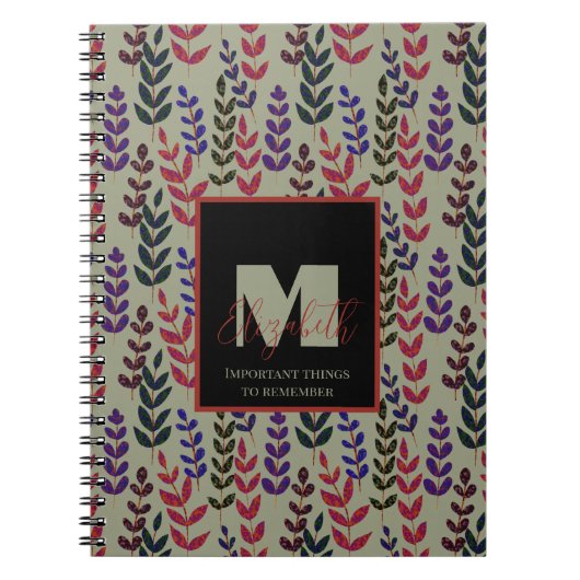 Carnet Sage botanique Vert rose Monogramme Nom personnali (Devant)