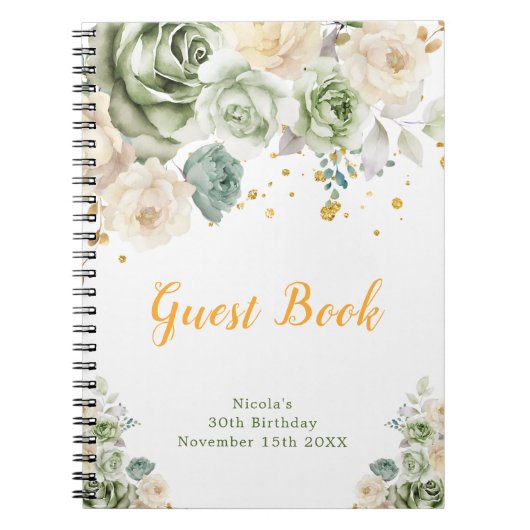 Carnet Sage Green and Cream Floral Birthday Guest Book (Devant)