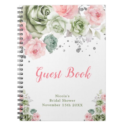 Carnet Sage Green and Pink Floral Bridal Guest Book (Devant)