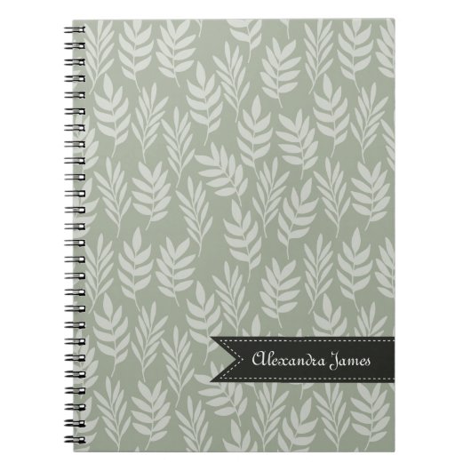 Carnet Sage Green Élégant Feuille Motif Avec Nom (Devant)