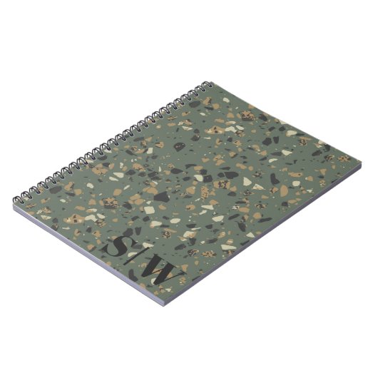 Carnet Sage moderne vert Tan Terrazzo Initiales Monogramm (Côté gauche)