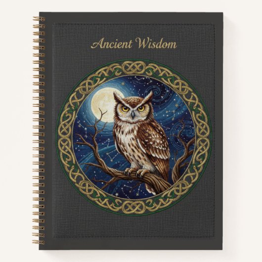 Carnet Sagesse antique brodée Chouette & Lune Céleste (Devant)