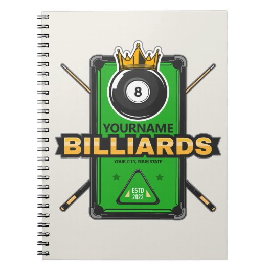 Carnet Salle de billard personnalisée NOM Boule 8 Couronn (Devant)