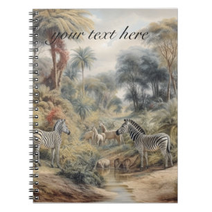 Carnet Scène botanique de zèbres et lions personnalisable