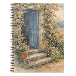 Carnet Scène de chemin fleuri à la porte bleue du jardin