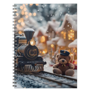 Carnet Scène de train de Noël magique avec ours en peluch