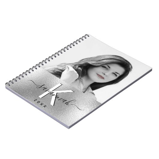 Carnet Script de nom de monogramme photo en argent (Côté gauche)